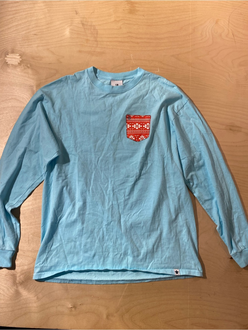 Simply Southern Long-Sleeve Pocket Tee - Light Blue with Red Pattern Large (Z)